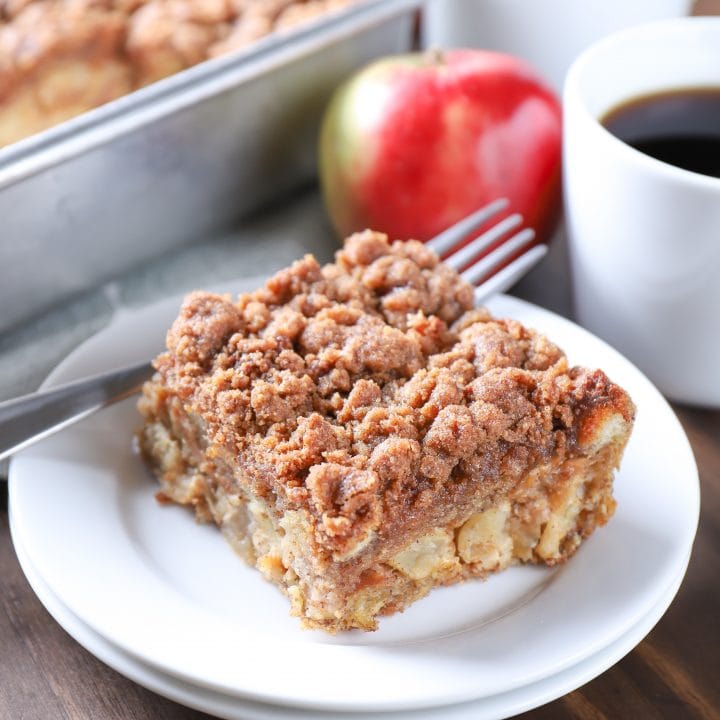 Slice of Apple Streusel French Toast Bake on a plate without syrup. Recipe from A Kitchen Addiction