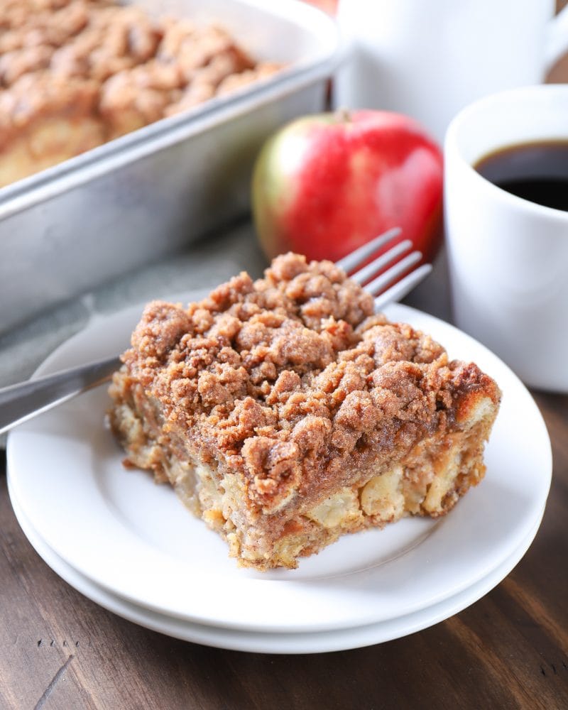 Slice of Apple Streusel French Toast Bake on a plate without syrup. Recipe from A Kitchen Addiction