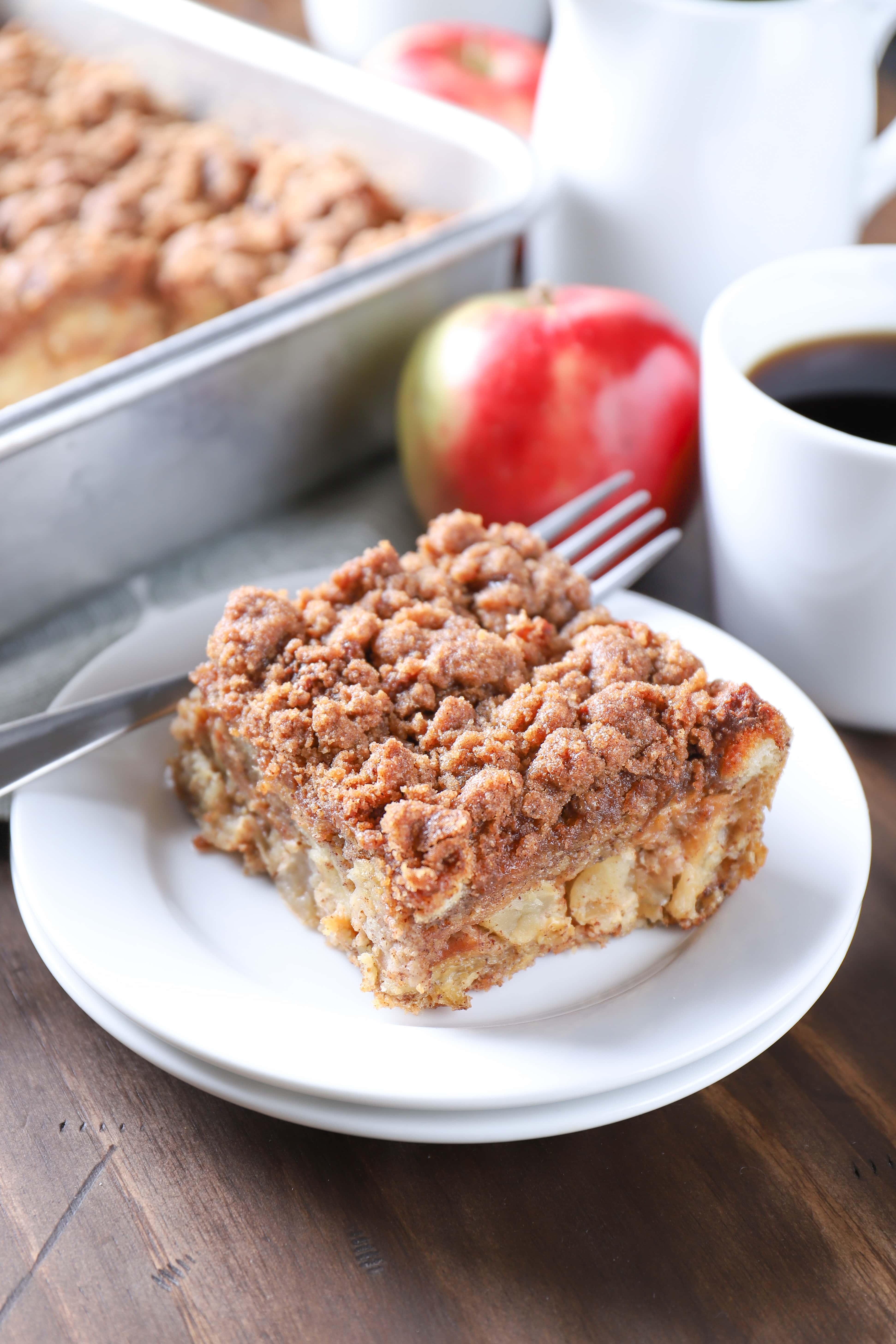 Slice of Apple Streusel French Toast Bake on a plate without syrup. Recipe from A Kitchen Addiction