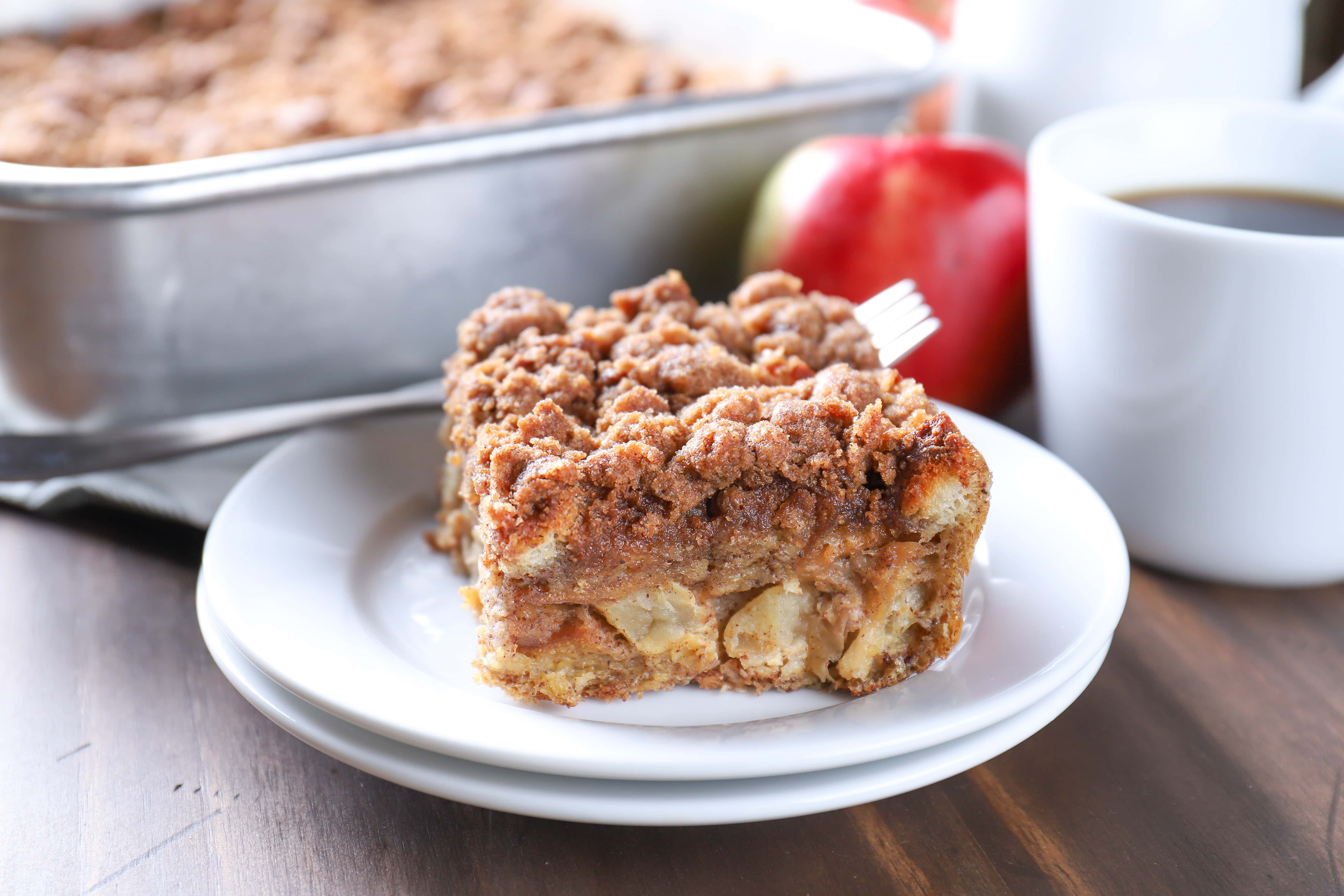 Piece of Apple Streusel French Toast Bake. Recipe from A Kitchen Addiction