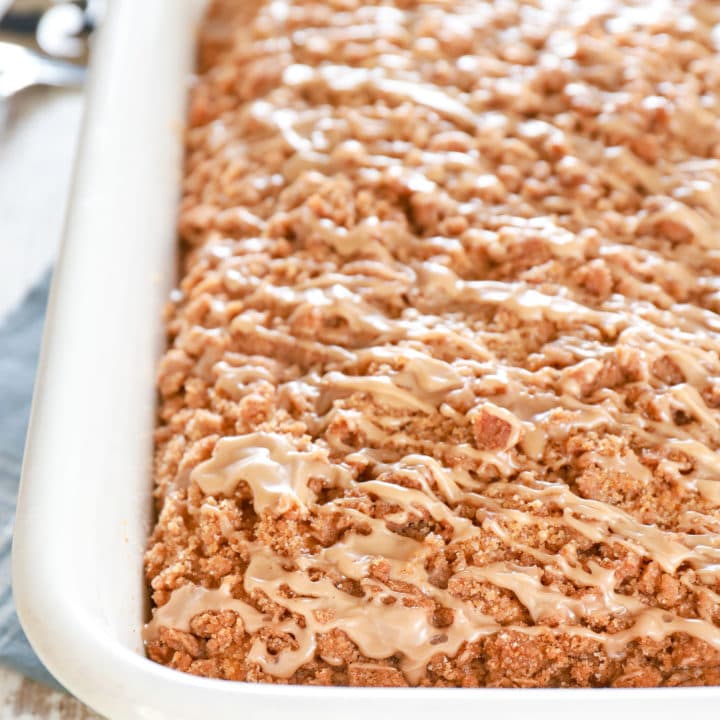 Pan of maple cinnamon pumpkin coffee cake. Recipe from A Kitchen Addiction