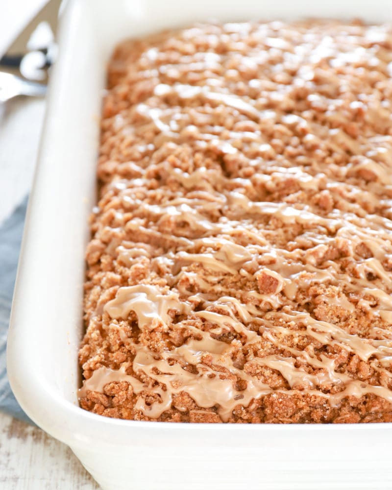 Pan of maple cinnamon pumpkin coffee cake. Recipe from A Kitchen Addiction