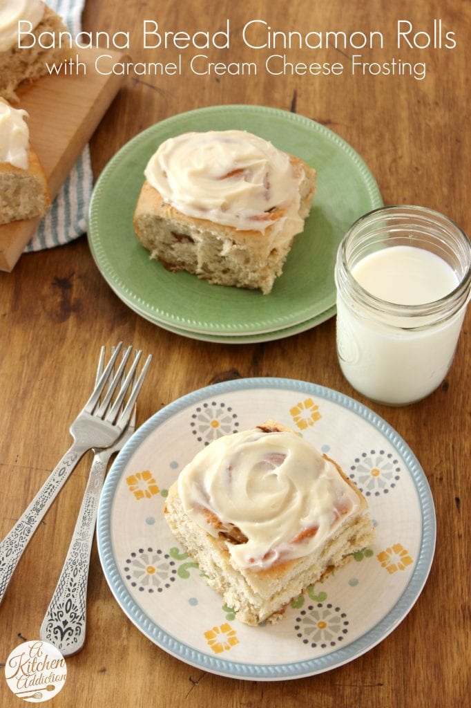 Banana Bread Cinnamon Rolls with Caramel Cream Cheese Frosting l www.a-kitchen-addiction.com