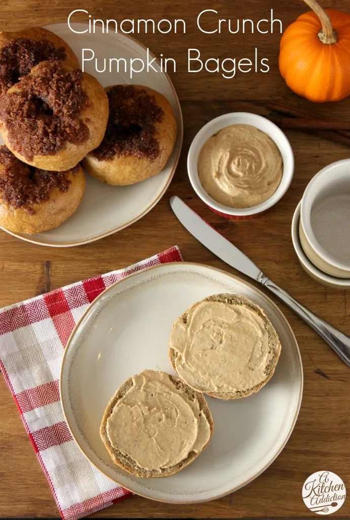 Cinnamon Crunch Pumpkin Bagels with Whipped Pumpkin Pie Cream Cheese Recipe l www.a-kitchen-addiction.com