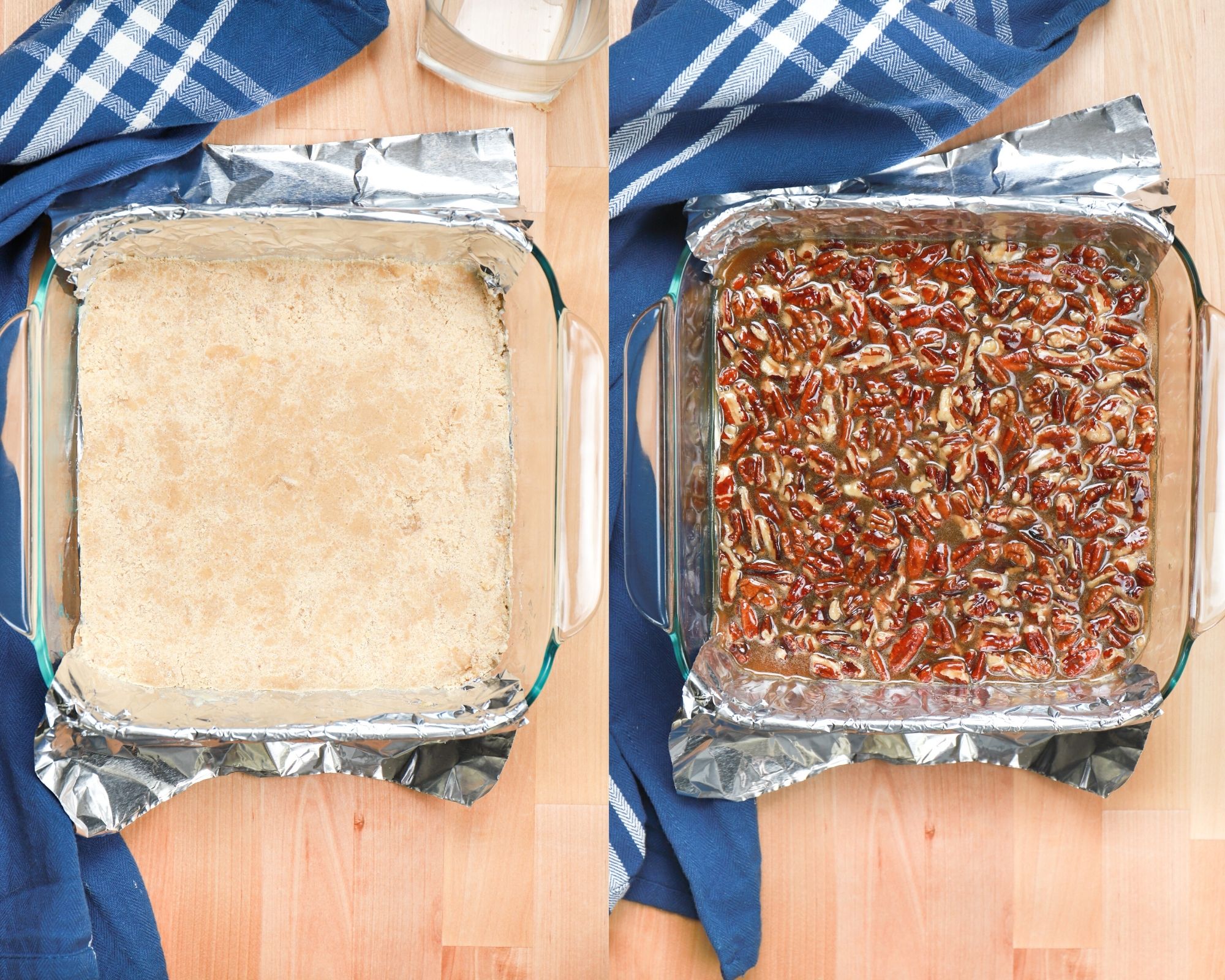 Collage showing crust of pecan pie bars before baking and then after the filling has been spread on top