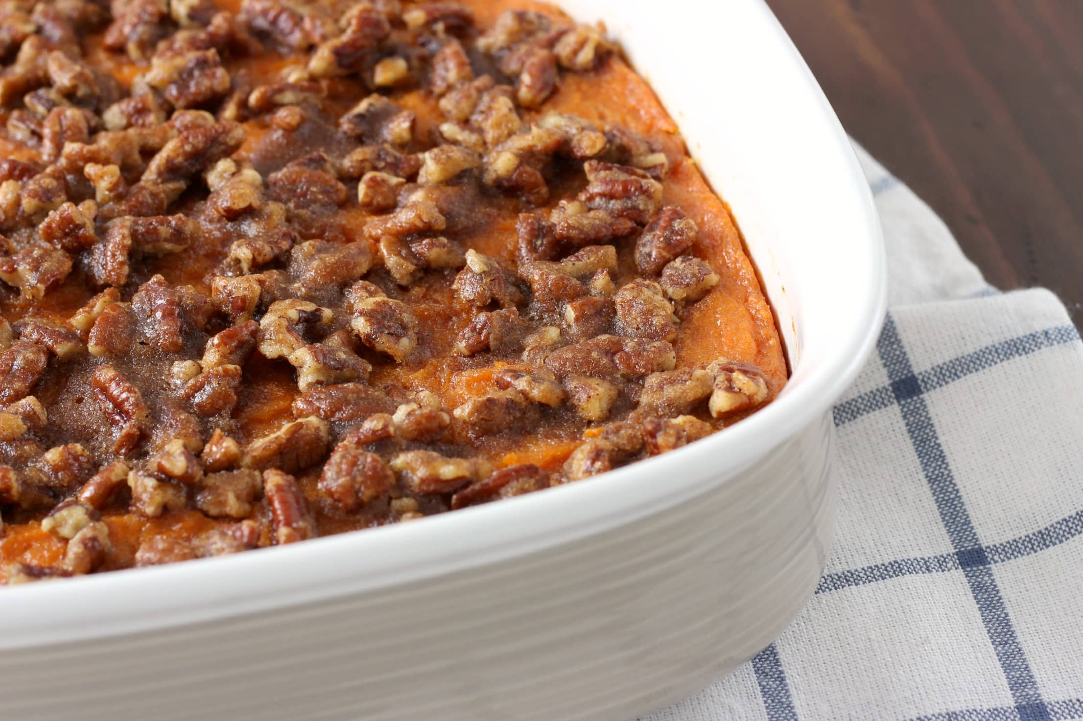 Lightened Up Maple Pecan Sweet Potatoes Recipe from A Kitchen Addiction