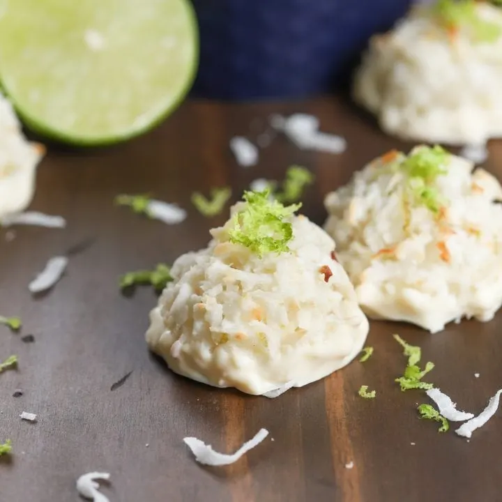 White Chocolate Dipped Coconut Lime Macaroons Recipe from A Kitchen Addiction