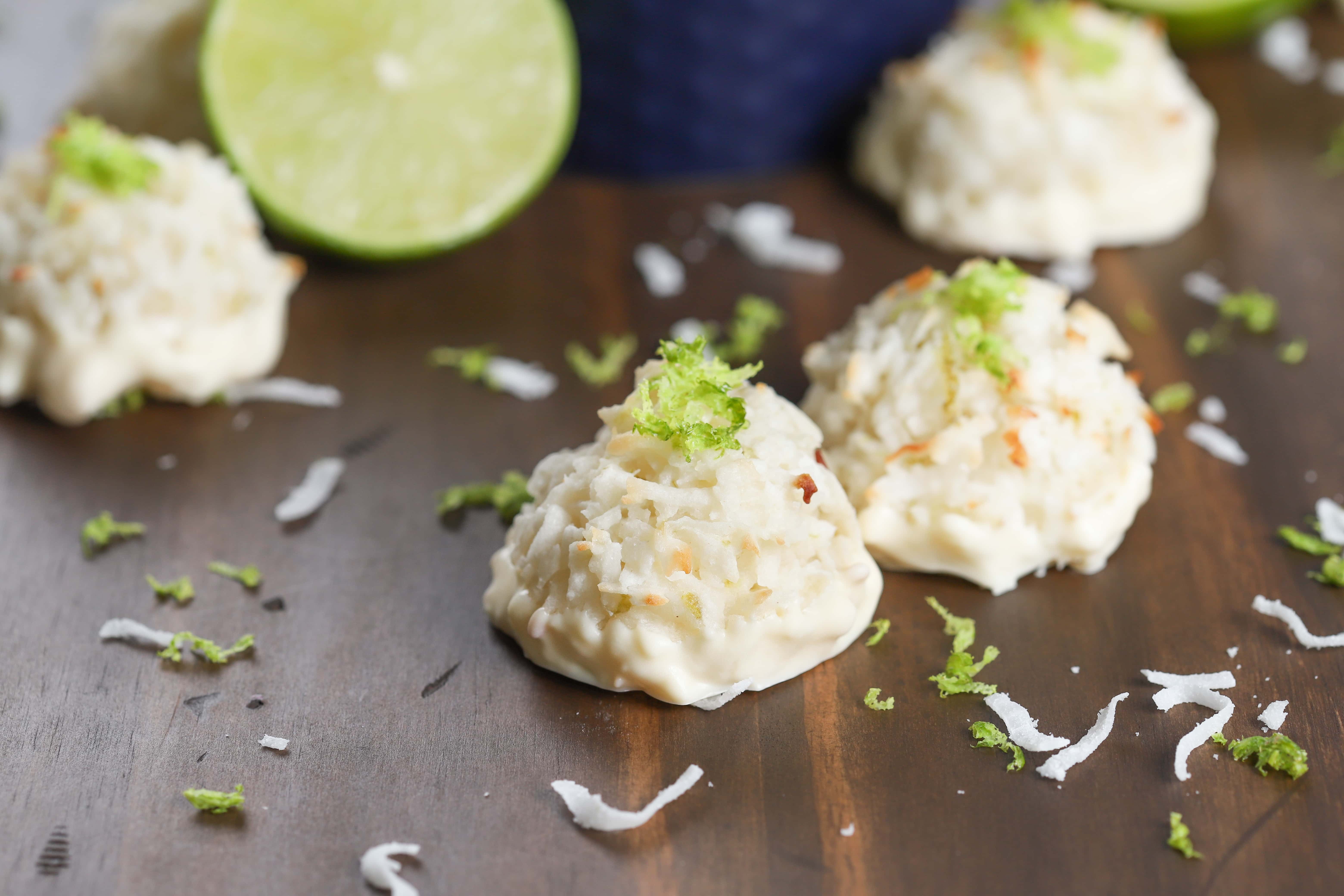 White Chocolate Dipped Coconut Lime Macaroons Recipe from A Kitchen Addiction