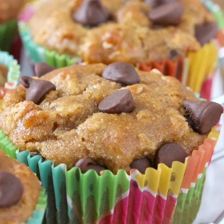 Whole Wheat Peanut Butter Chocolate Chip Oat Muffins Recipe from A Kitchen Addiction