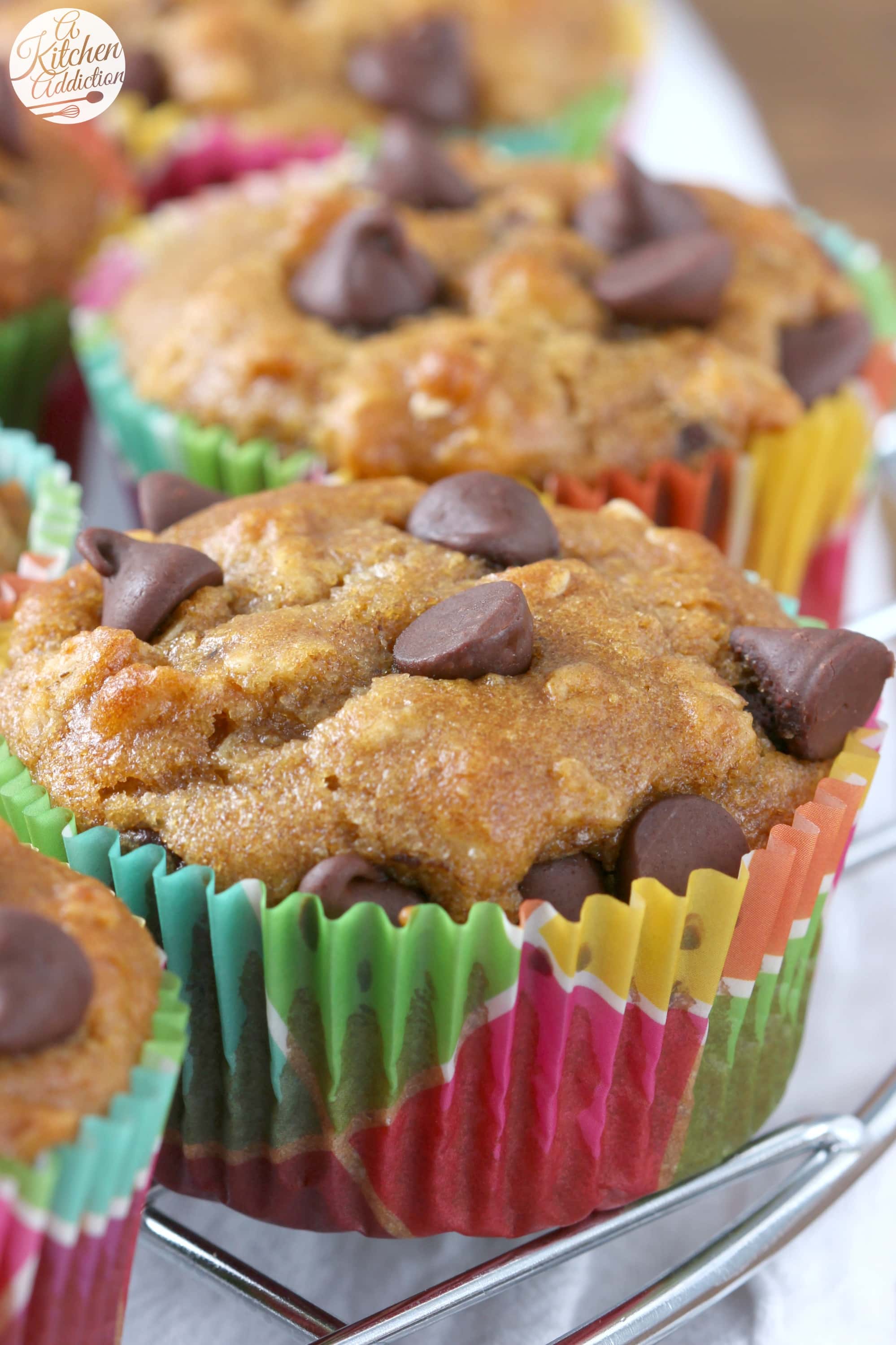 Whole Wheat Peanut Butter Chocolate Chip Oat Muffins Recipe from A Kitchen Addiction