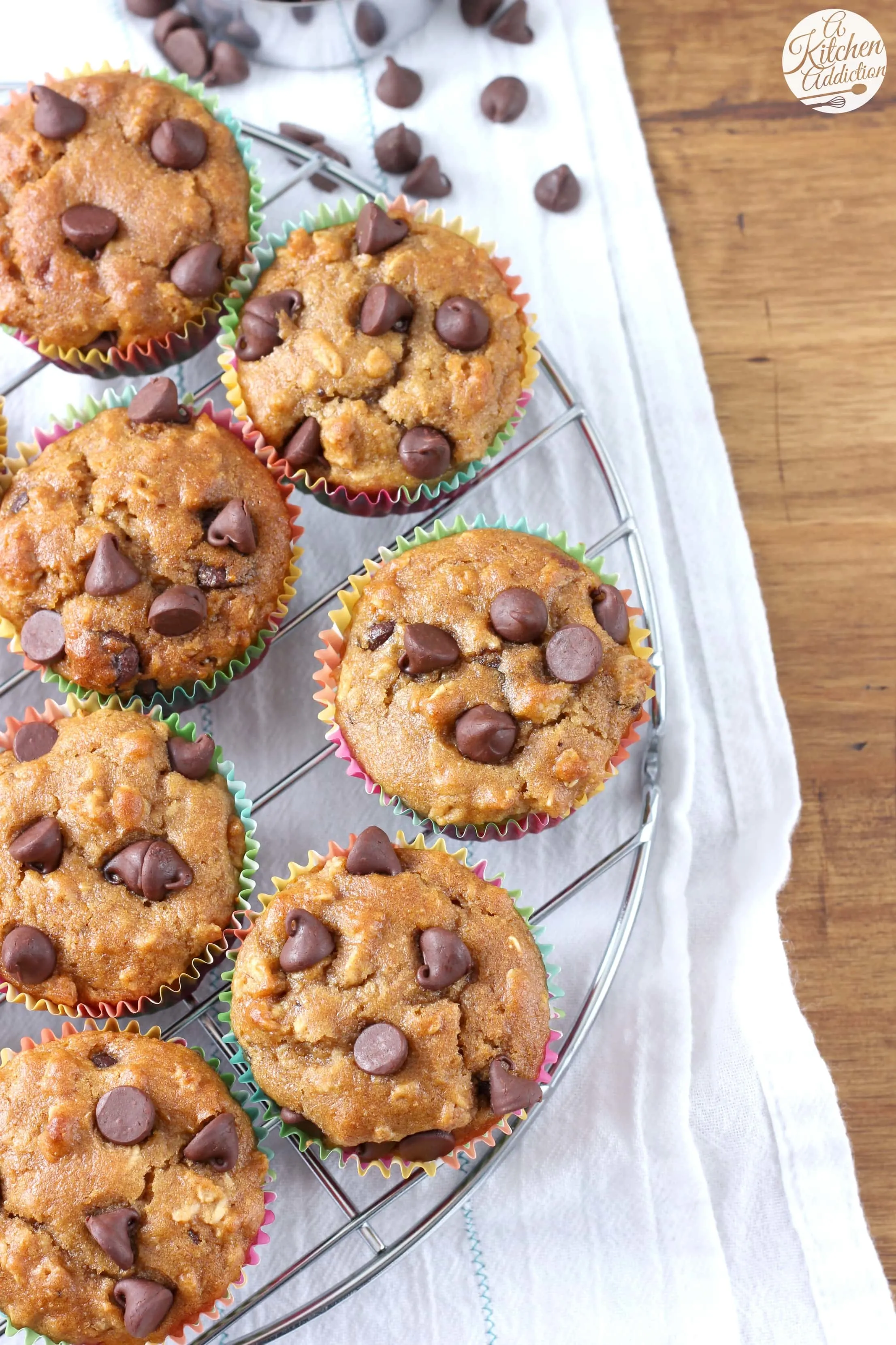 Peanut Butter Chocolate Chip Oat Muffins Recipe from A Kitchen Addiction