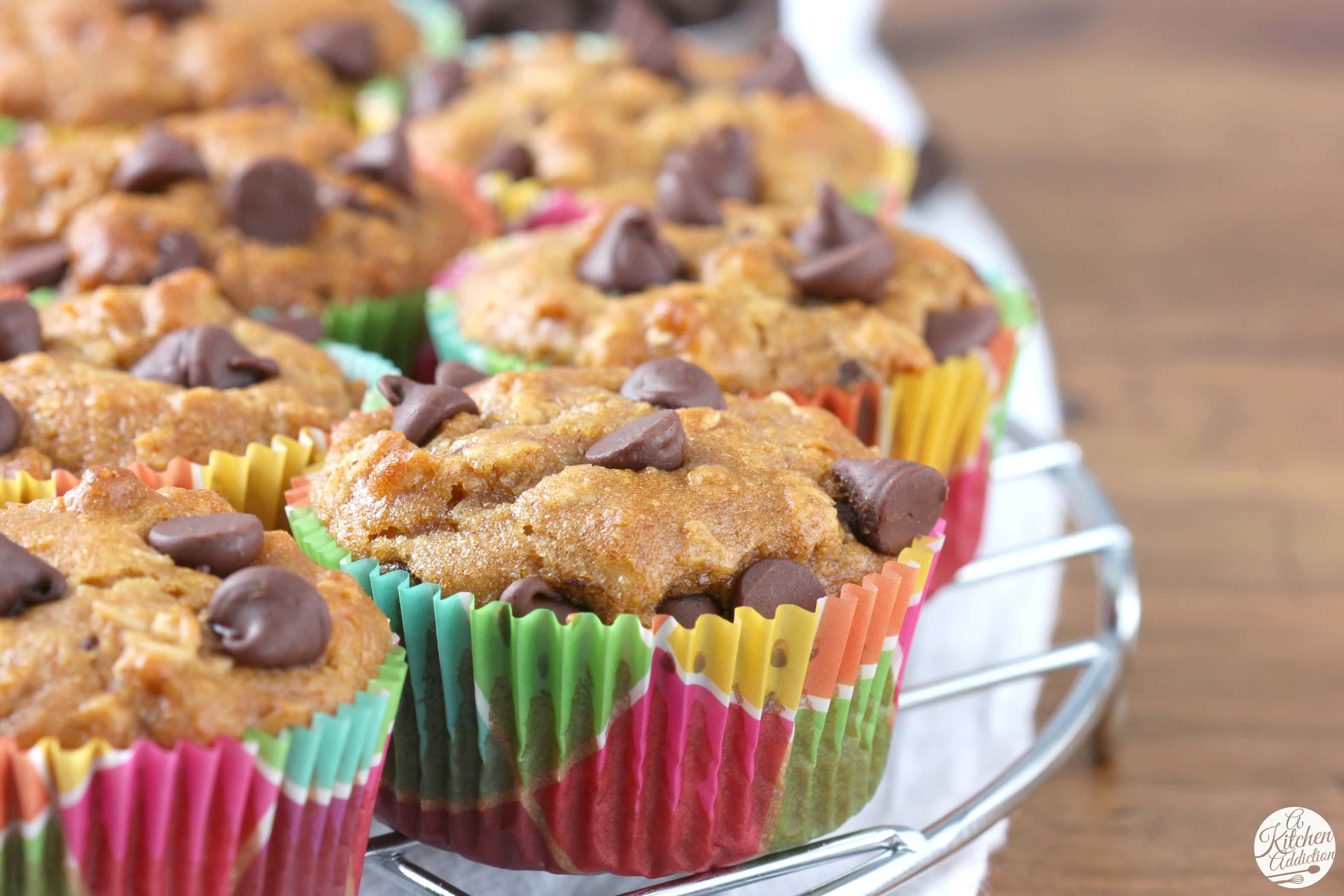 Whole Wheat Peanut Butter Chocolate Chip Oat Muffins Recipe from A Kitchen Addiction