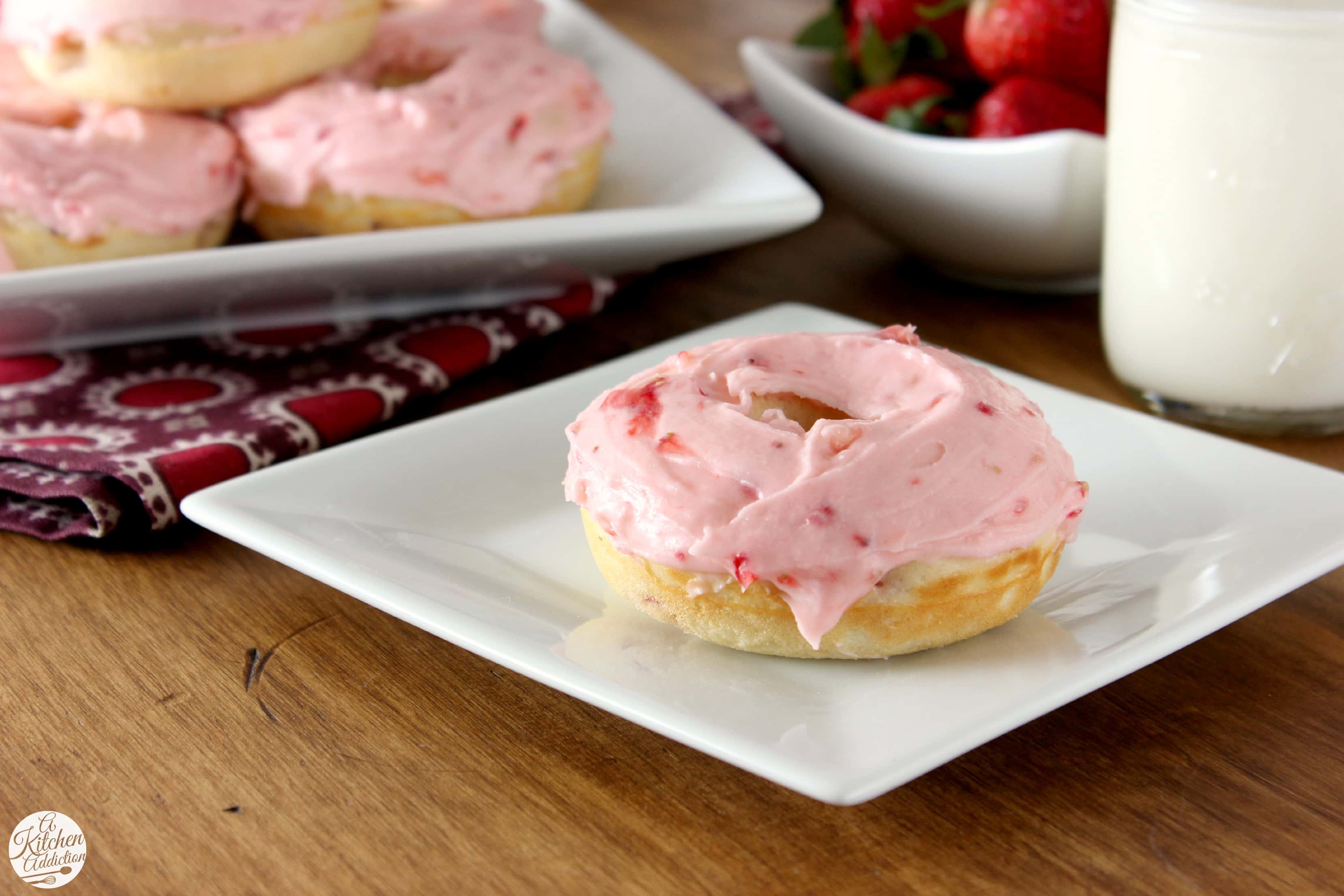 Strawberry Frosted Baked Strawberry Donuts Recipe l www.a-kitchen-addiction.com