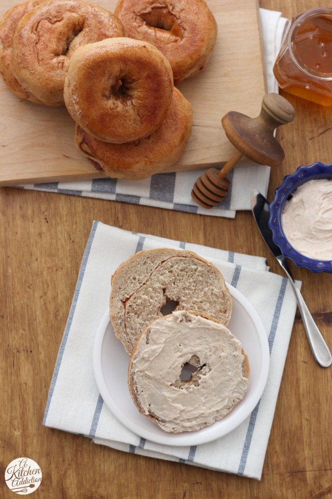 Cinnamon Swirl Bagels with Whipped Honey Cinnamon Cream Cheese Recipe l www.a-kitchen-addiction.com