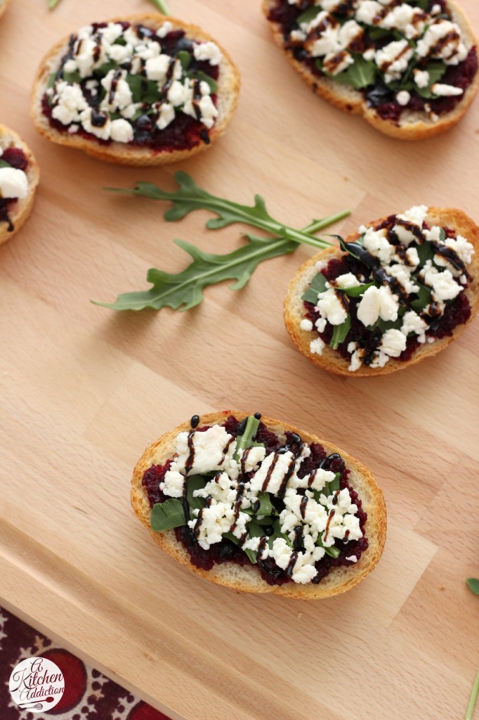 Roasted Beet, Arugula & Feta Crostini Recipe l www.a-kitchen-addiction.com