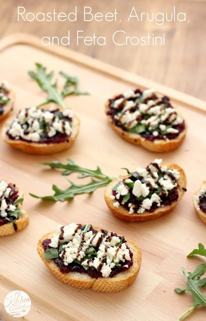 Roasted Beet, Arugula & Feta Crostini Recipe l www.a-kitchen-addiction.com