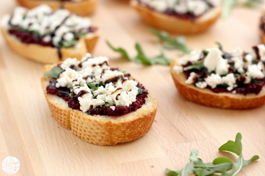 Roasted Beet, Arugula & Feta Crostini Recipe l www.a-kitchen-addiction.com