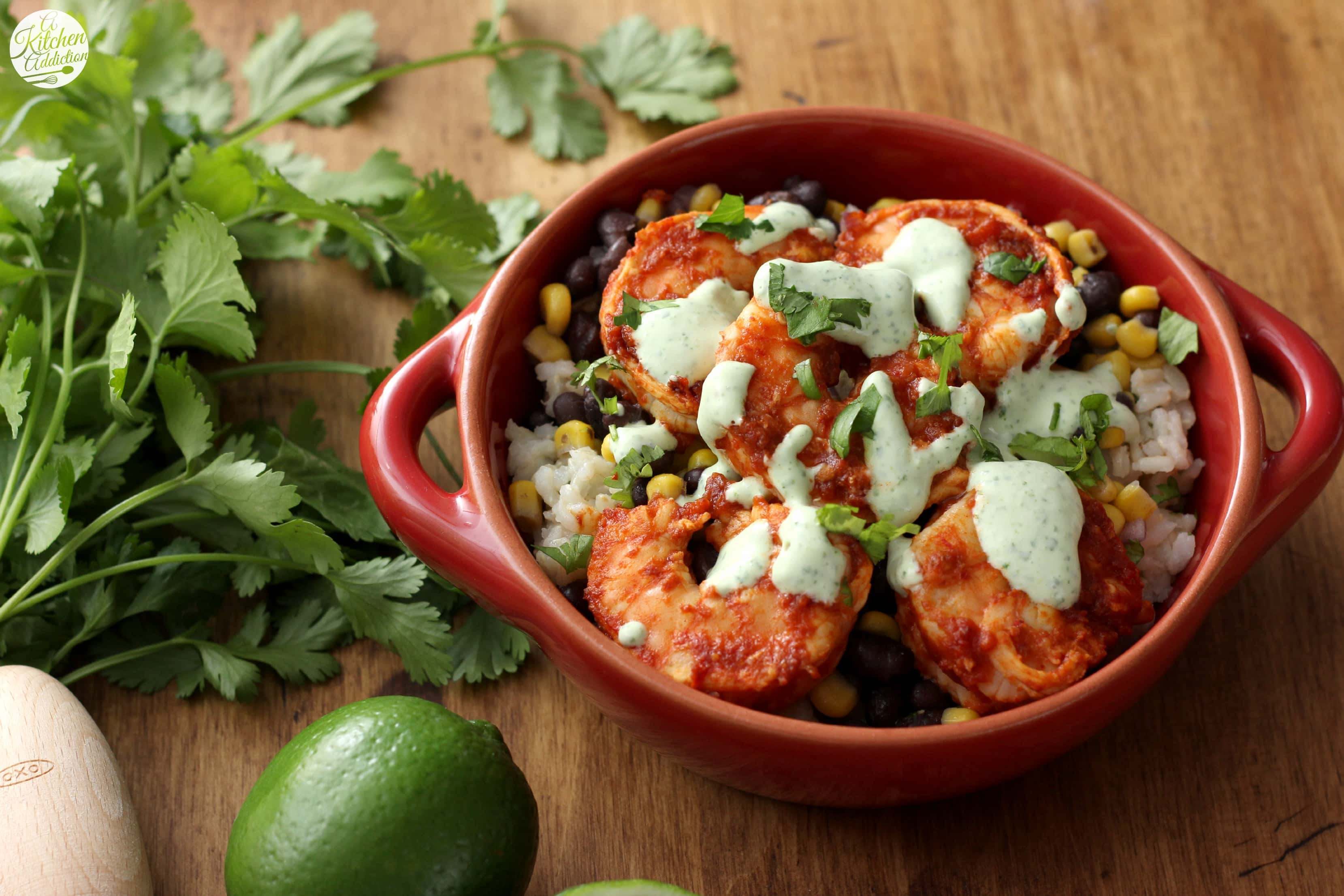 Chipotle Shrimp Bowls with Cilantro Lime Cream Sauce Recipe l www.a-kitchen-addiction.com