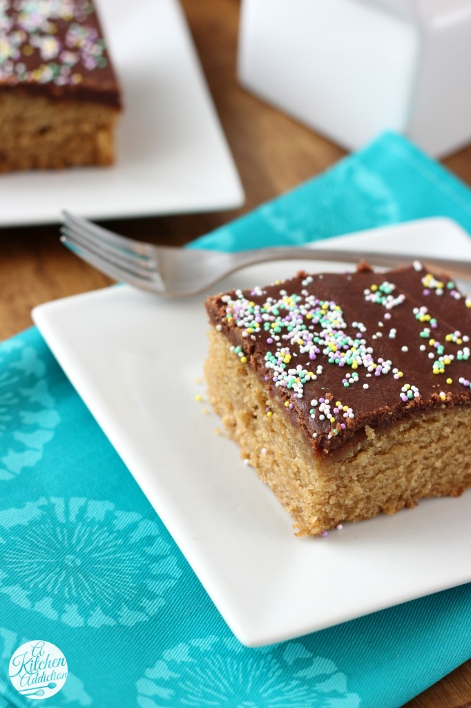 Fudge Frosted Peanut Butter Cake Recipe l www.a-kitchen-addiction.com