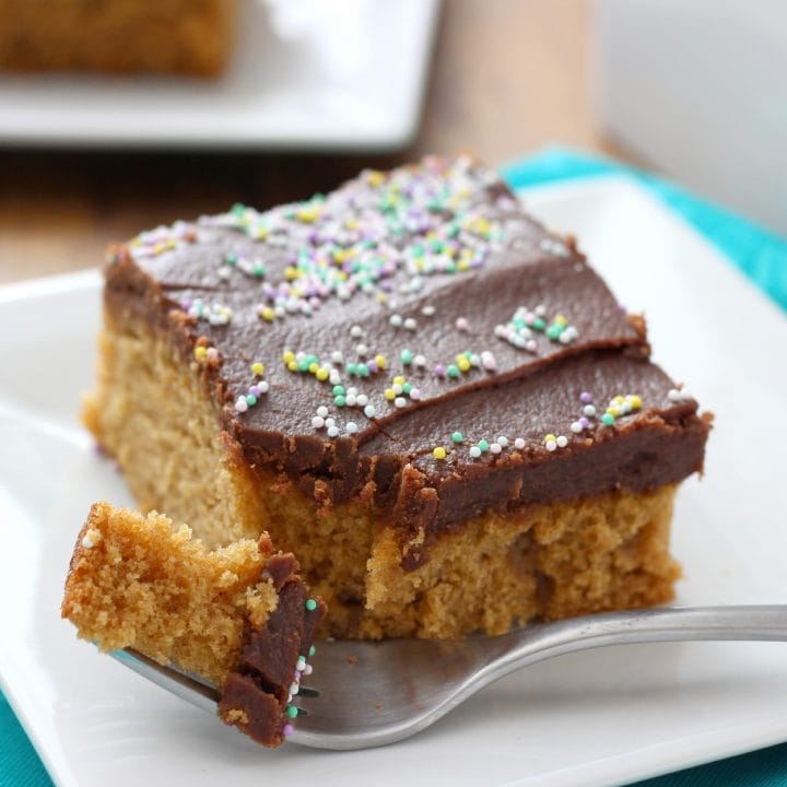Fudge Frosted Peanut Butter Cake Recipe l www.a-kitchen-addiction.com
