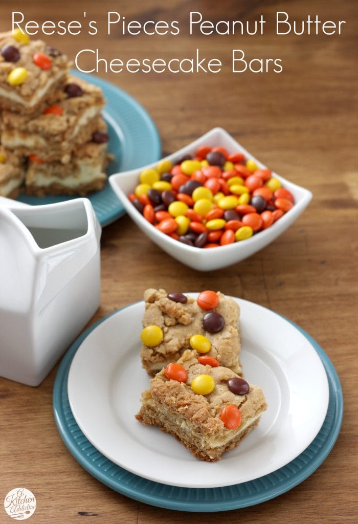 Reese's Pieces Peanut Butter Cookie Cheesecake Bars Recipe l www.a-kitchen-addiction.com