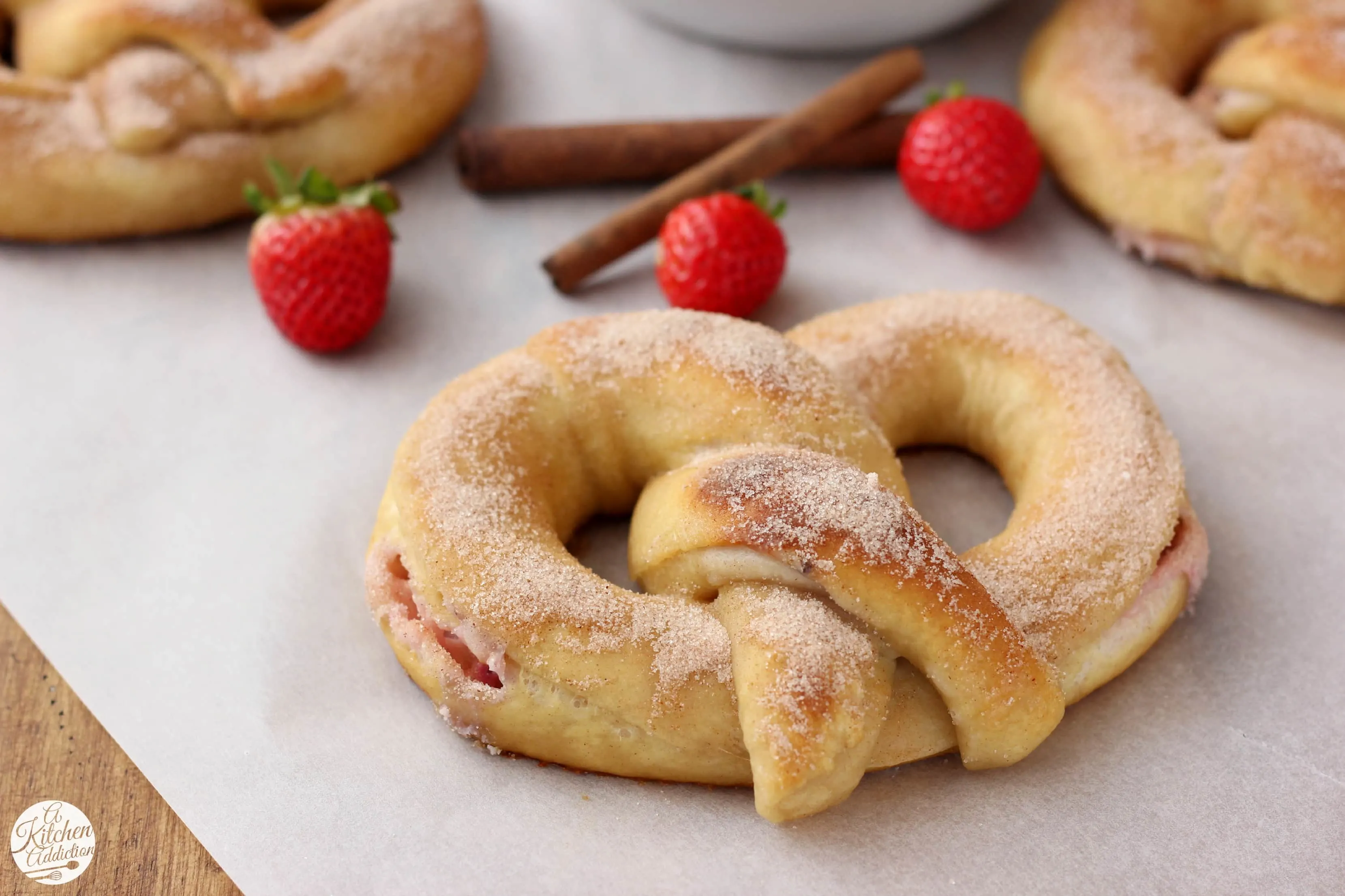 Strawberry Cream Filled Cinnamon Sugar Pretzel Recipe l www.a-kitchen-addiction.com