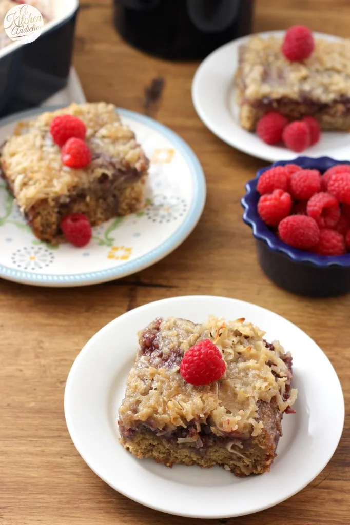 Raspberry Oatmeal Cake with Coconut Broiled Glaze Recipe l www.a-kitchen-addiction.com