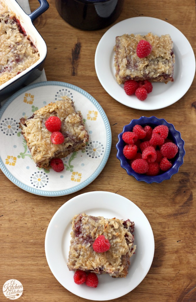 Raspberry Oatmeal Cake with Coconut Broiled Glaze Recipe l www.a-kitchen-addiction.com
