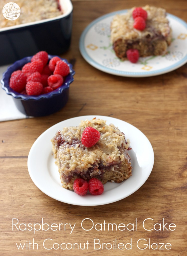 Raspberry Oatmeal Cake with Coconut Broiled Glaze Recipe l www.a-kitchen-addiction.com