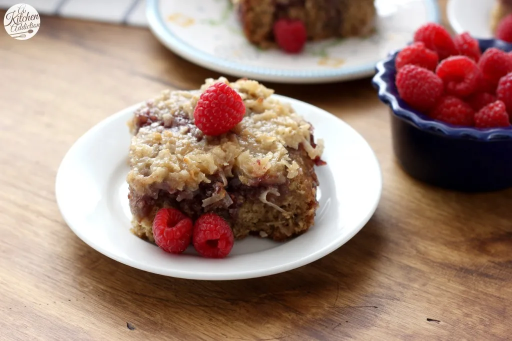 Raspberry Oatmeal Cake with Coconut Broiled Glaze Recipe l www.a-kitchen-addiction.com