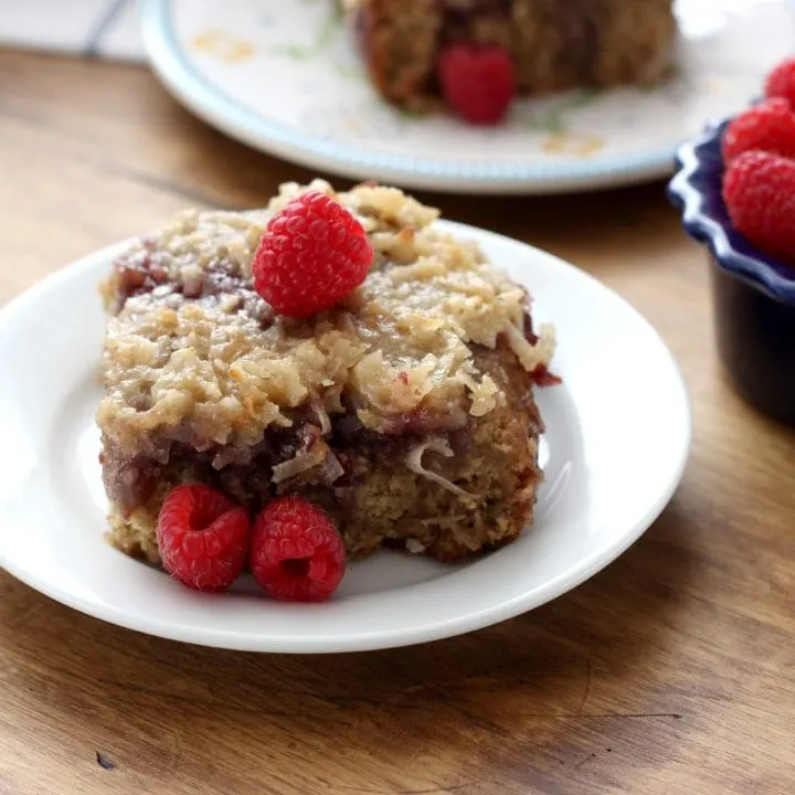 Raspberry Oatmeal Cake with Coconut Broiled Glaze Recipe l www.a-kitchen-addiction.com