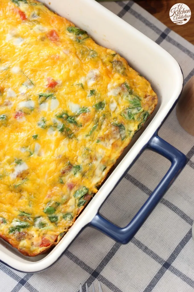 Lighter Sausage and Veggie Breakfast Casserole Recipe {Vegetarian} from A Kitchen Addiction