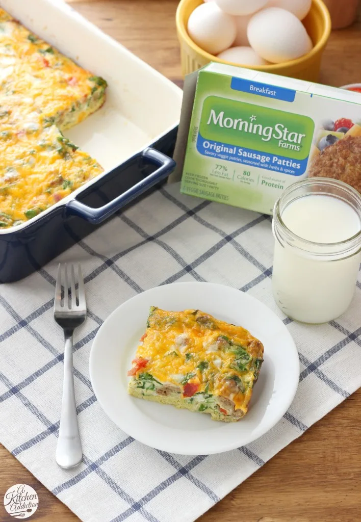 Lighter Sausage and Veggie Breakfast Casserole Recipe {Vegetarian} from A Kitchen Addiction