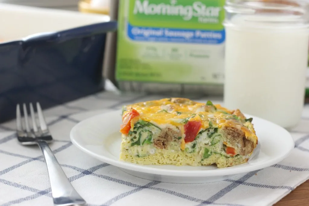 Lighter Sausage and Veggie Breakfast Casserole Recipe {Vegetarian} l www.a-kitchen-addiction.com