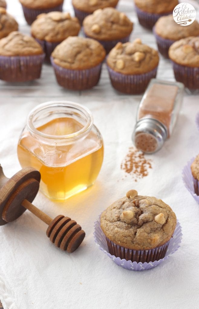 Peanut Butter Honey Banana Muffins Recipe from A Kitchen Addiction