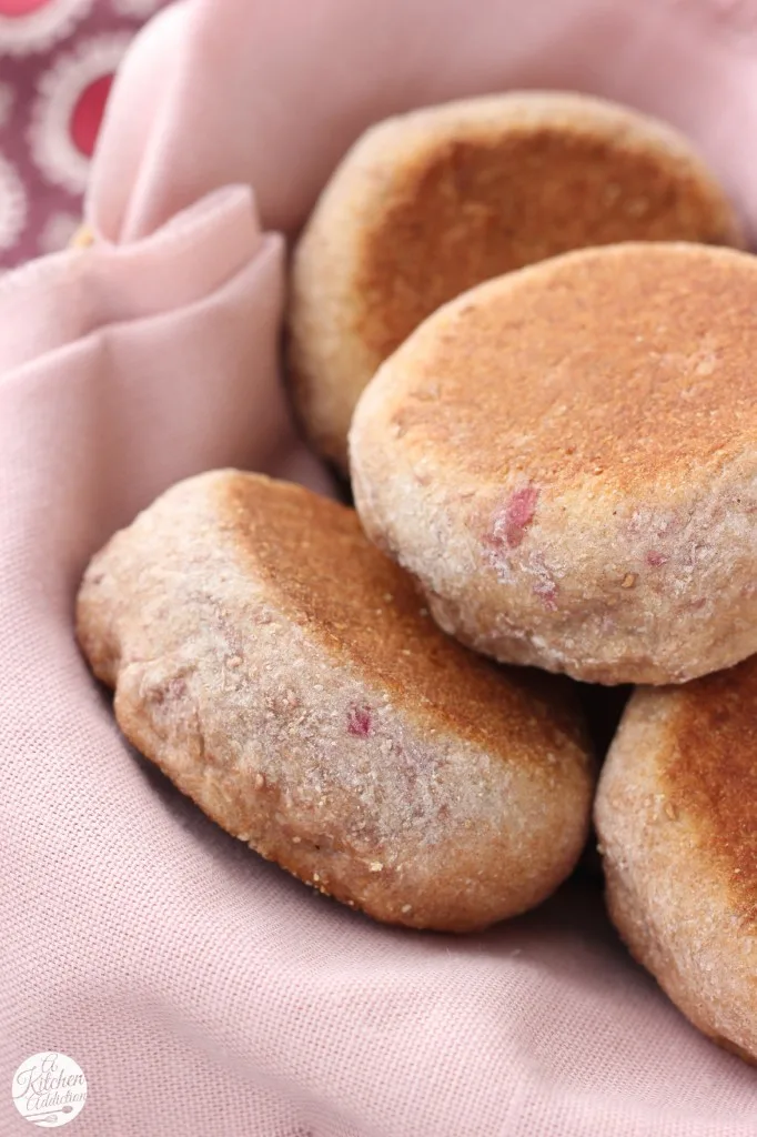 Whole Wheat Cinnamon Raspberry English Muffins Recipe l www.a-kitchen-addiction.com