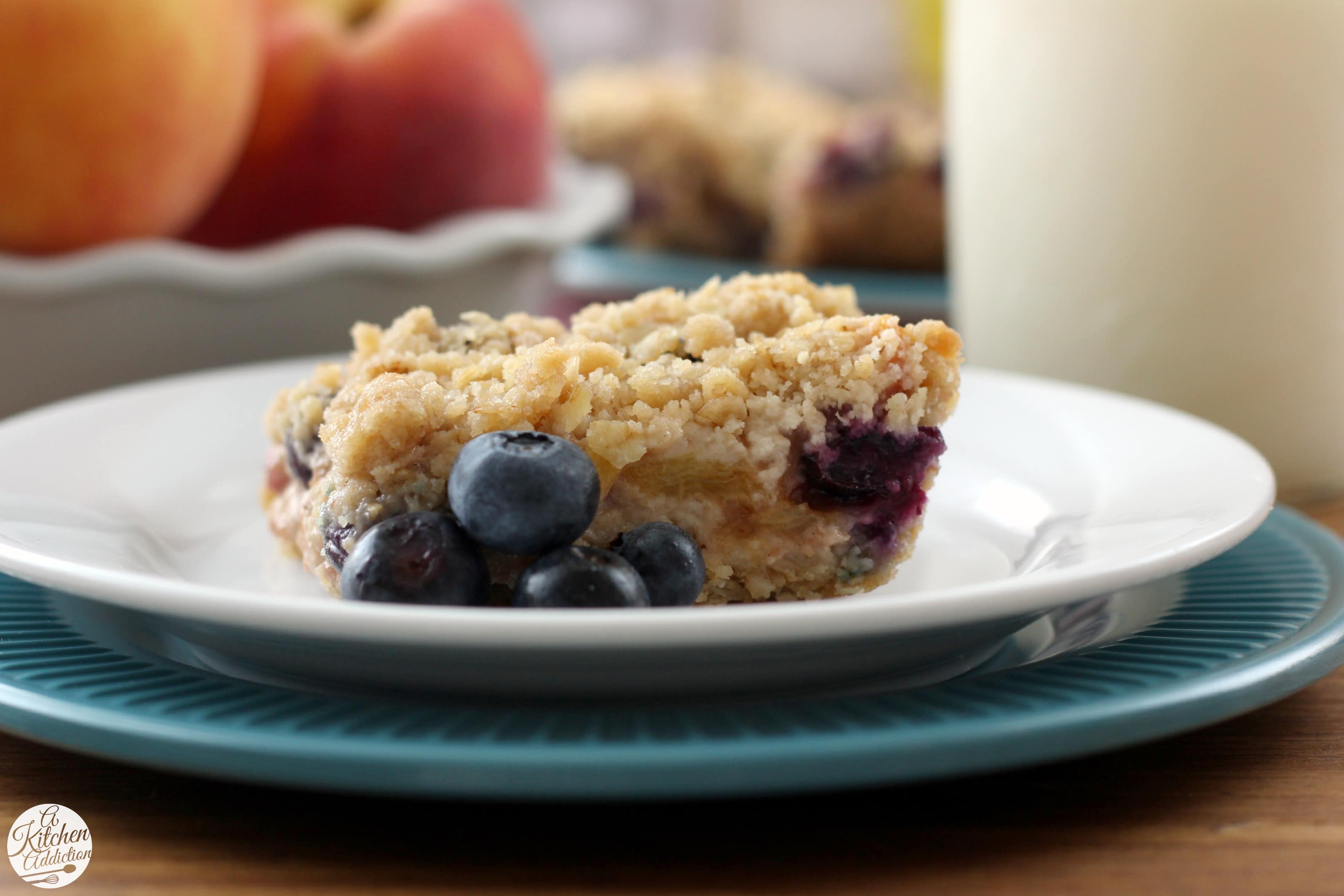 Blueberry Peach Streusel Bars Recipe from A Kitchen Addiction