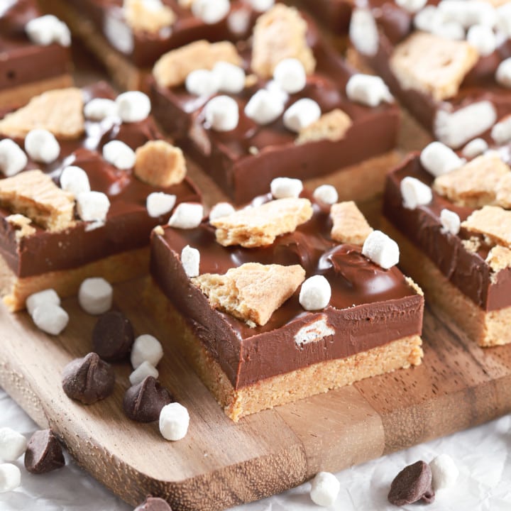 No Bake Peanut Butter Smores Bars on a wooden cutting board