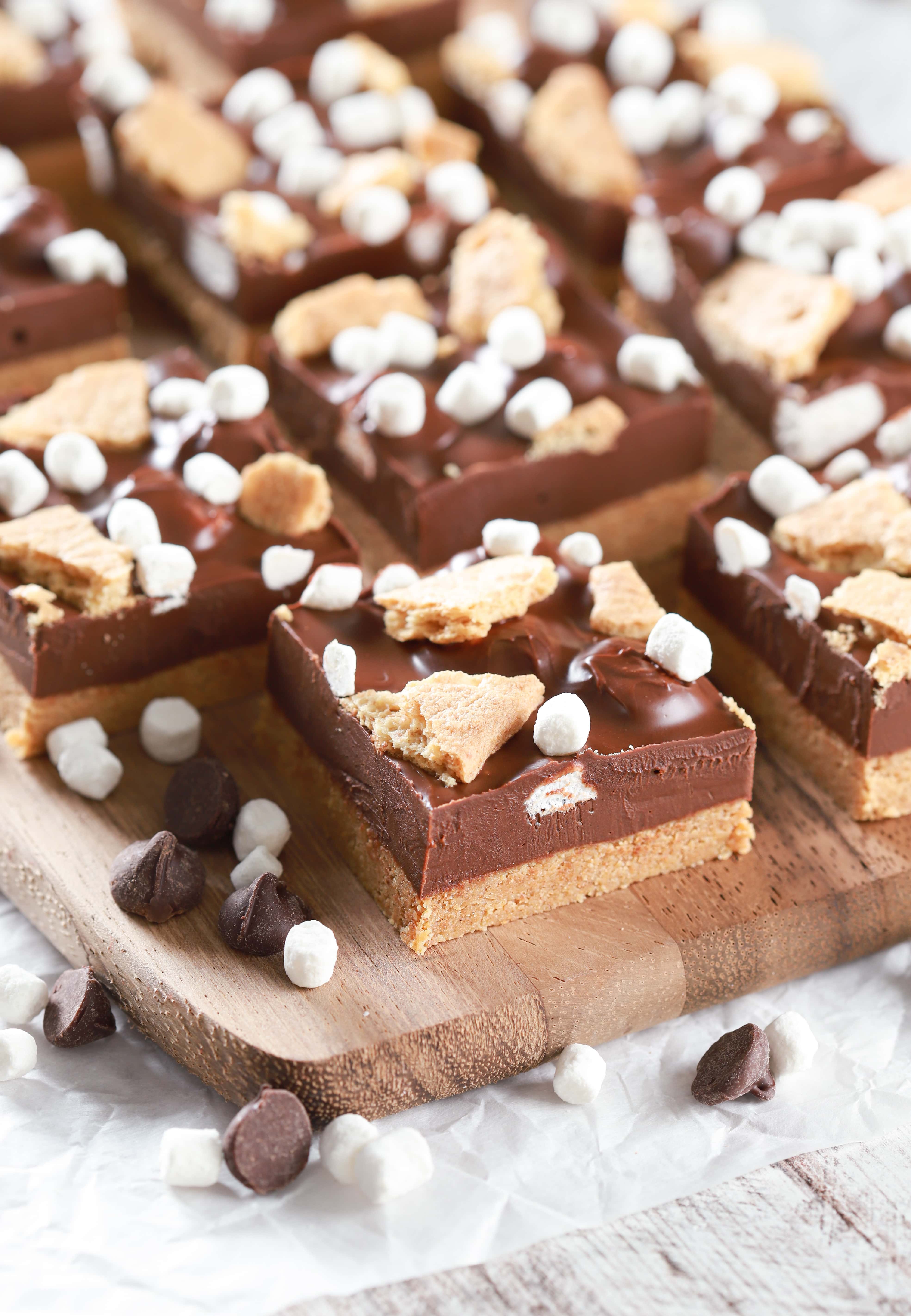 No Bake Peanut Butter Smores Bars on a wooden cutting board