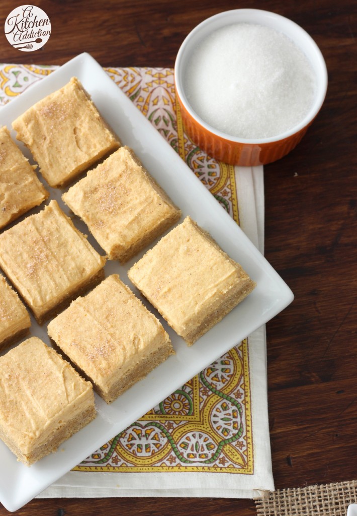 Pumpkin Snickerdoodle Cookie Bars with Pumpkin Buttercream Recipe l www.a-kitchen-addiction.com