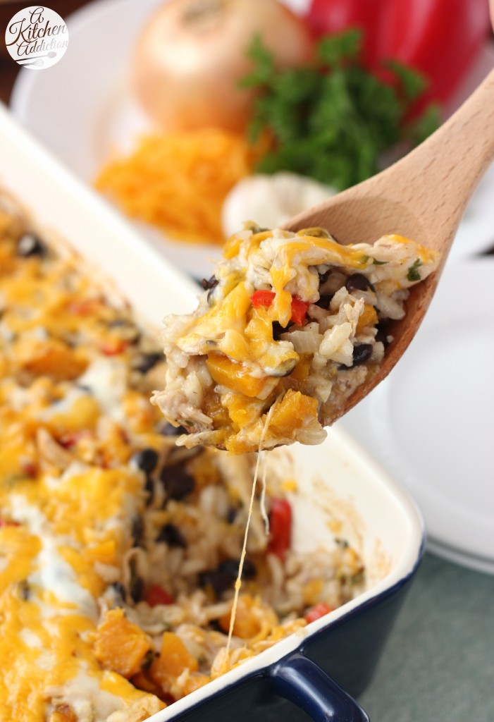 Cheesy Jalapeno Rice Bake with Roasted Squash and Chicken Recipe l www.a-kitchen-addiction.com