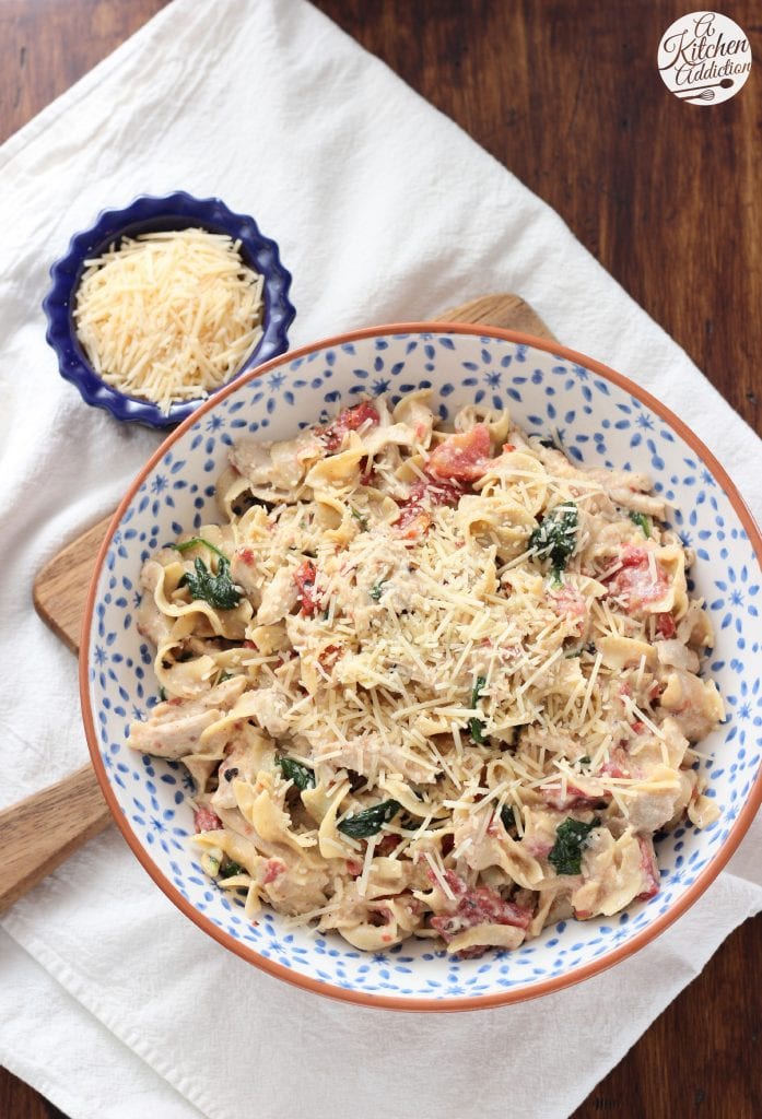 Creamy Garlic Parmesan Chicken and Noodles Dish from A Kitchen Addiction