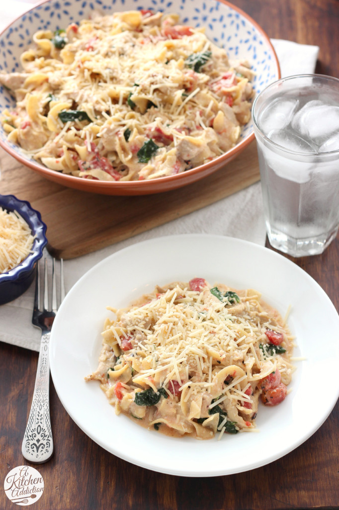 Creamy Garlic Parmesan Chicen and Noodles Casserole from A Kitchen Addiction