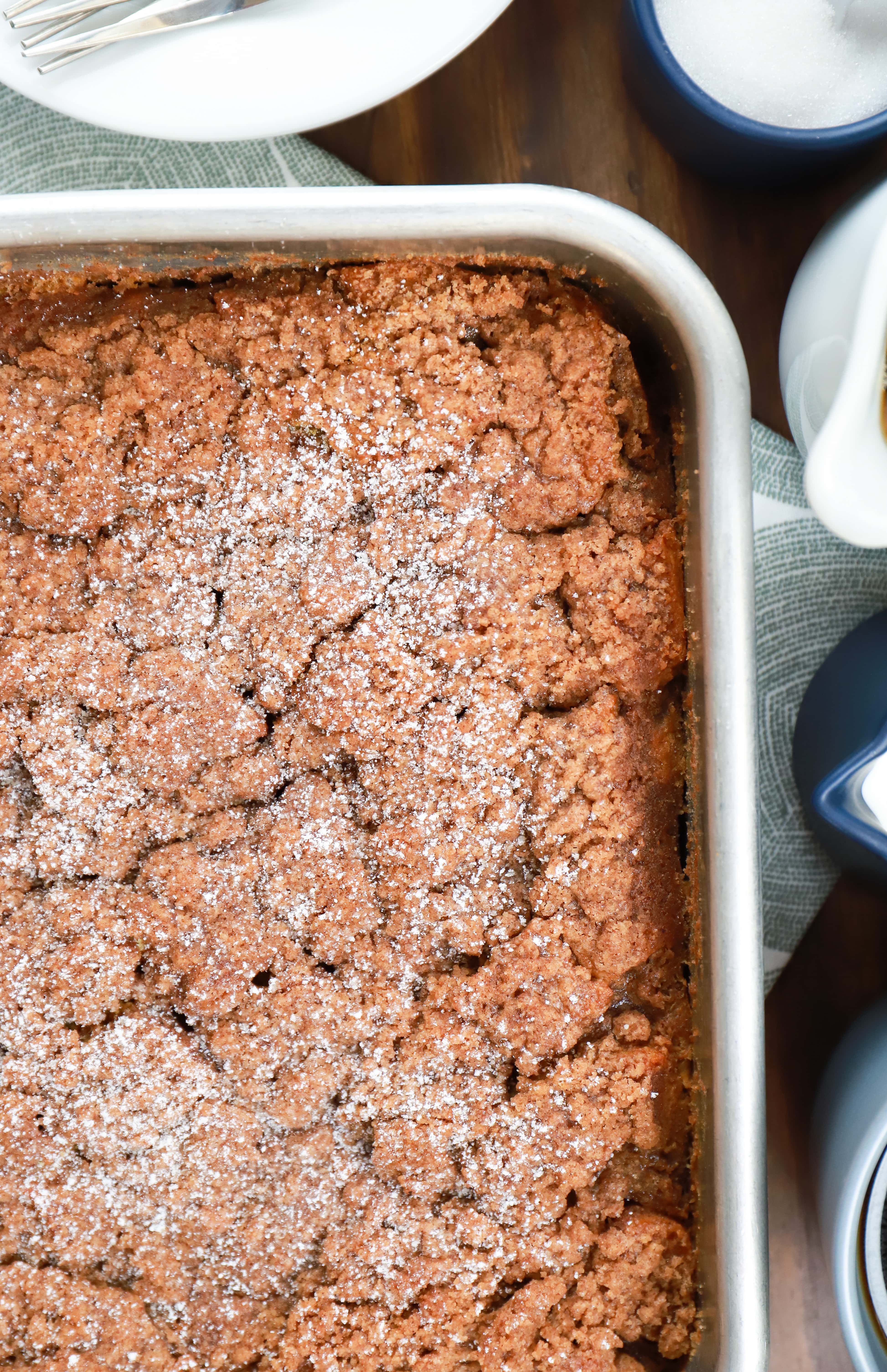 Overhead view of Pumpkin French Toast Bake in baking dish. Recipe from A Kitchen Addiction