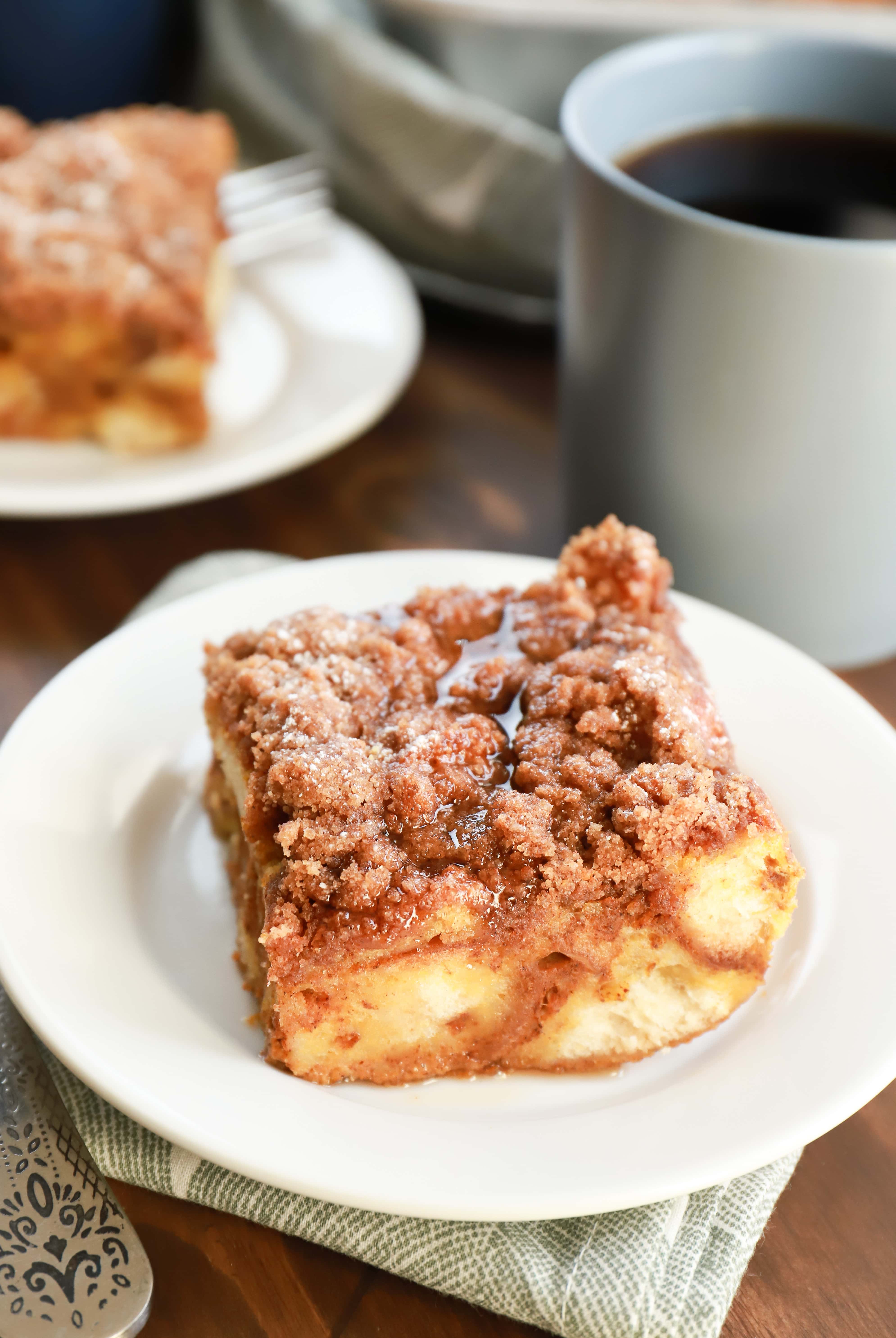 Piece of Pumpkin French Toast Bake with maple syrup. Recipe from A Kitchen Addiction