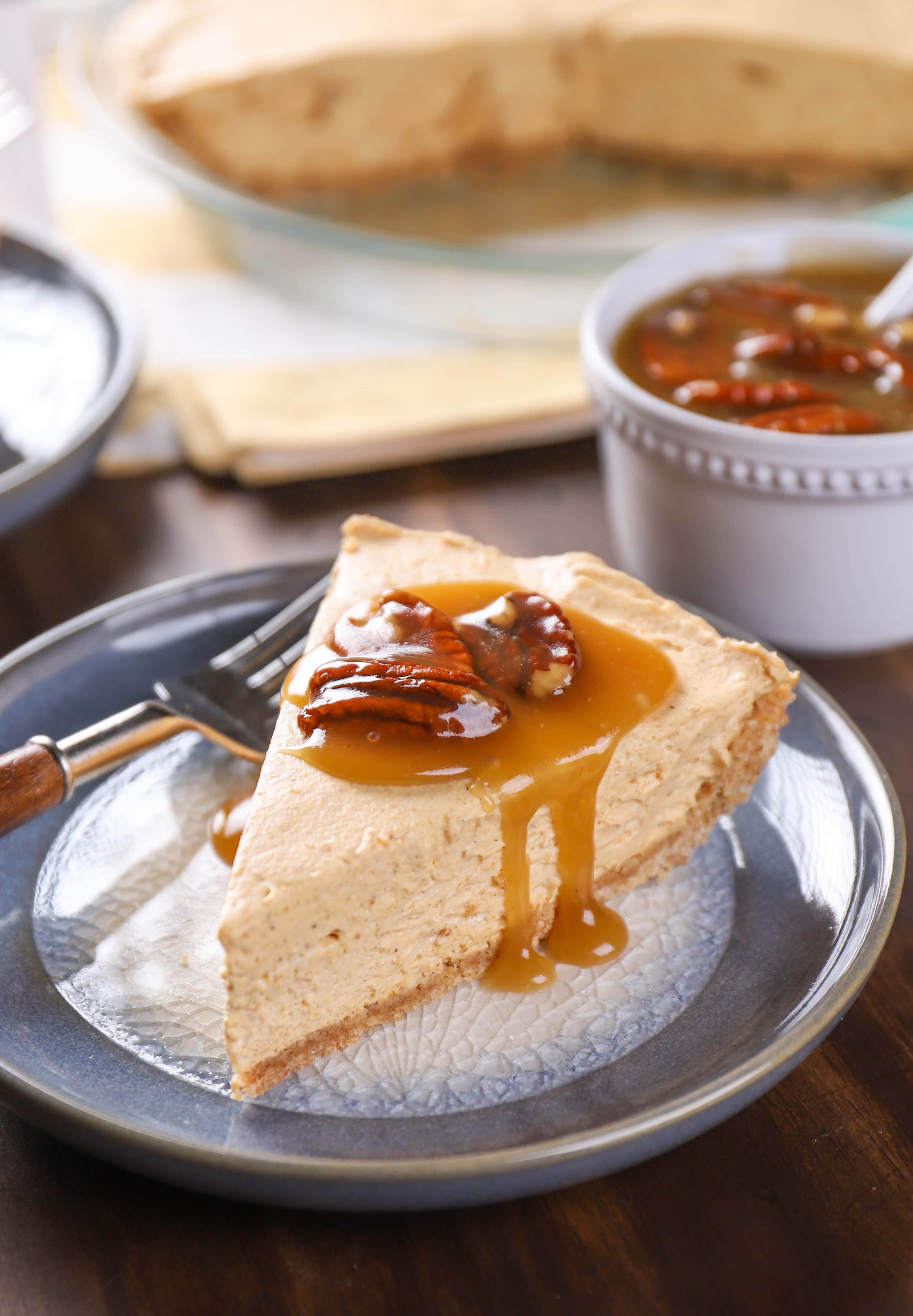 A quick and easy no bake cheesecake, this Maple Pumpkin Cheesecake with Pec...