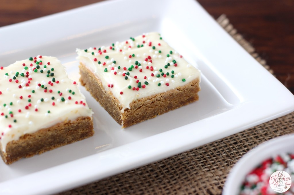 Gingerbread Bars with Eggnog Cream Cheese Frosting from A Kitchen Addiction