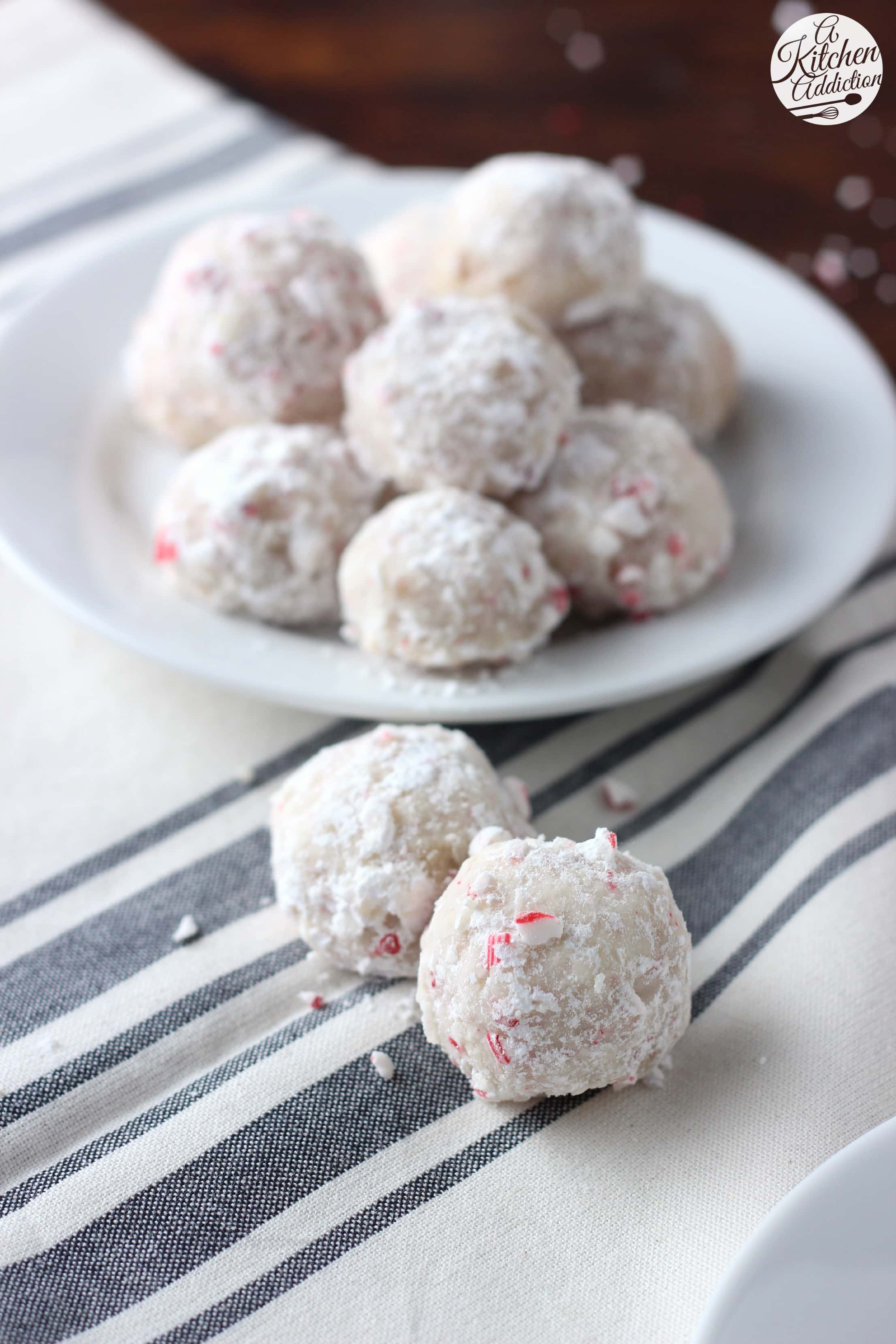 Peppermint Crunch Snowball Cookies Recipe from A Kitchen Addiction