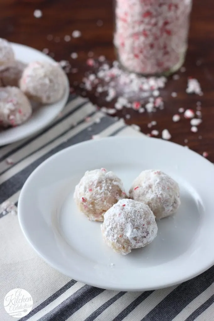 Melt in Your Mouth Peppermint Crunch Snowball Cookies l www.a-kitchen-addiction.com