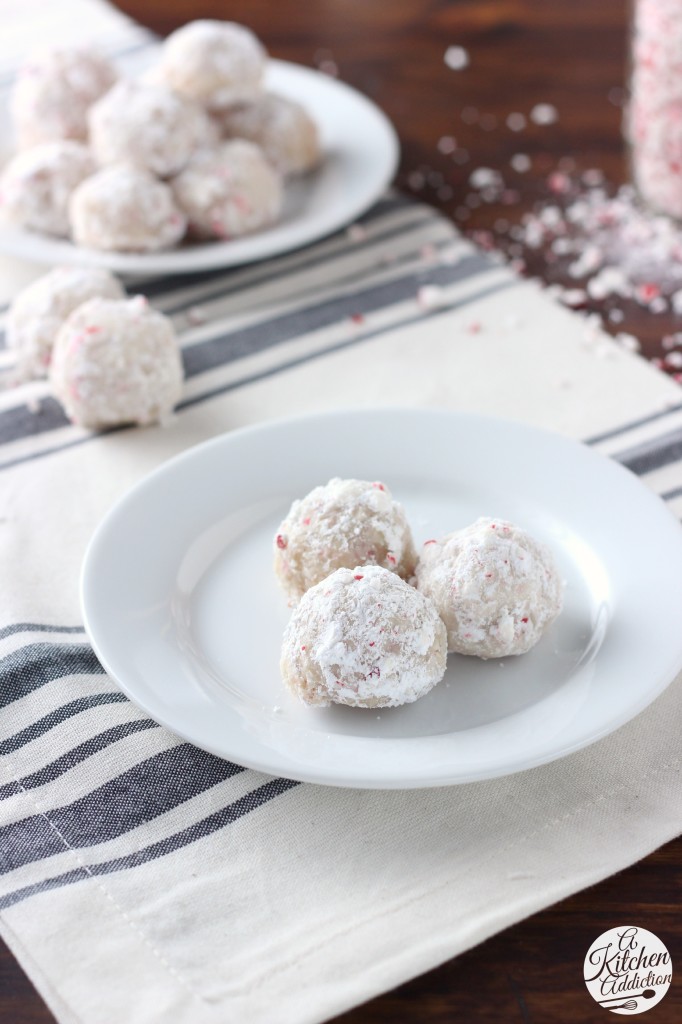 Melt in Your Mouth Peppermint Crunch Snowball Cookies Recipe l www.a-kitchen-addiction.com